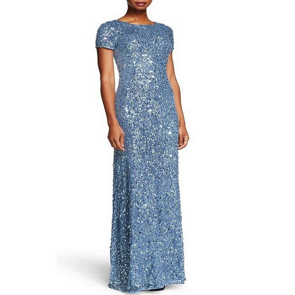 Adrianna Papell Women's Short-Sleeve All Over Sequin Gown Nile 8